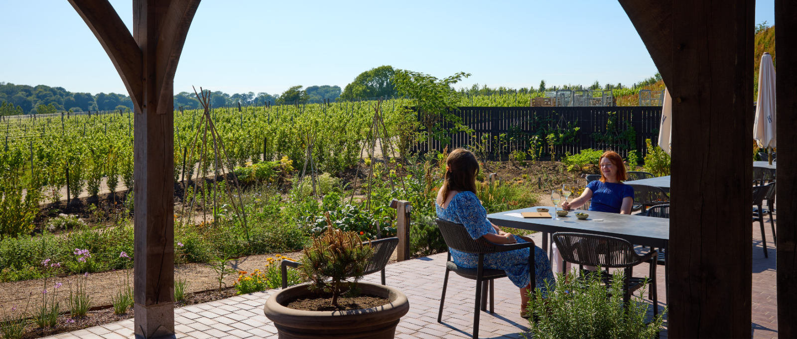 Two people sit drinking wine on a patio beside Hambledon Vineyard